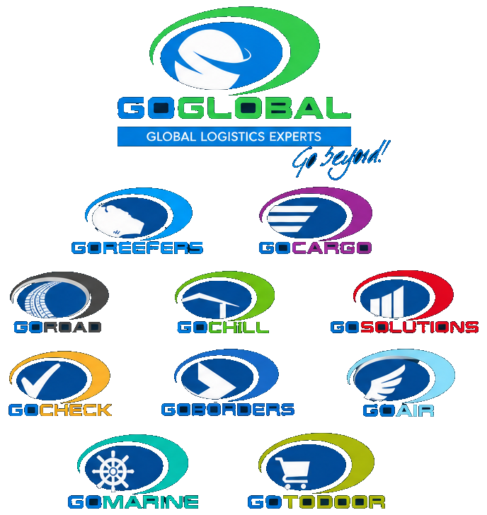 GoGlobal Group brand structure showing GoGlobal with GoReefers, GoCargo, GoRoad, GoChill, GoSolutions, GoCheck, GoBorders, GoAir, GoMarine and GoToDoor