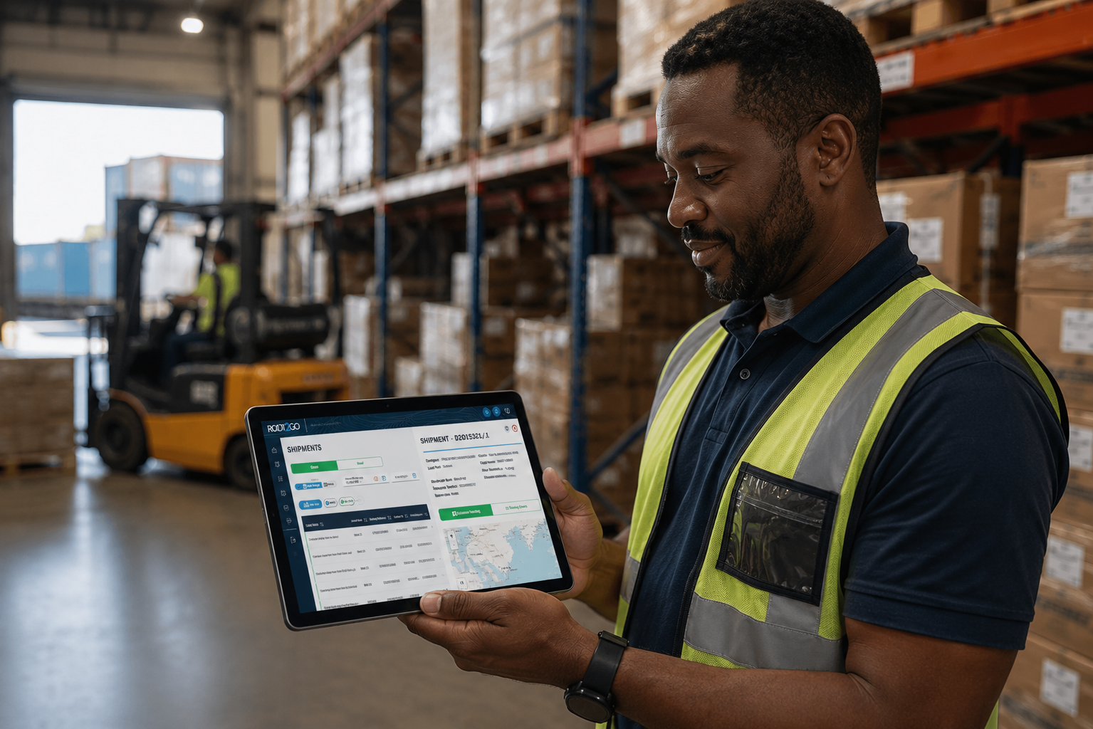 A warehouse team member checking Root2Go shipment status on a tablet beside racked pallets.