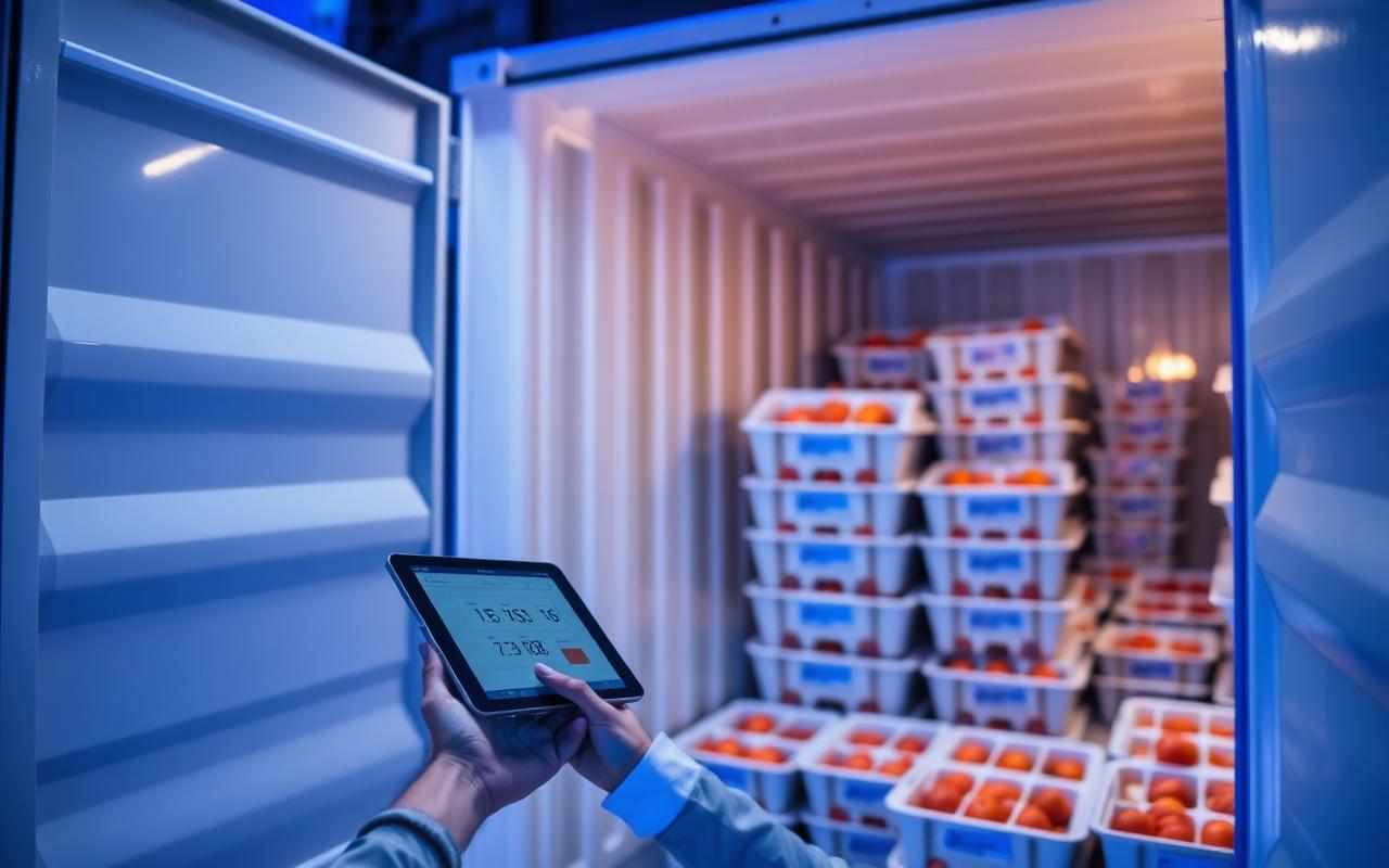 A technician checking temperature readings at the door of a loaded reefer container.