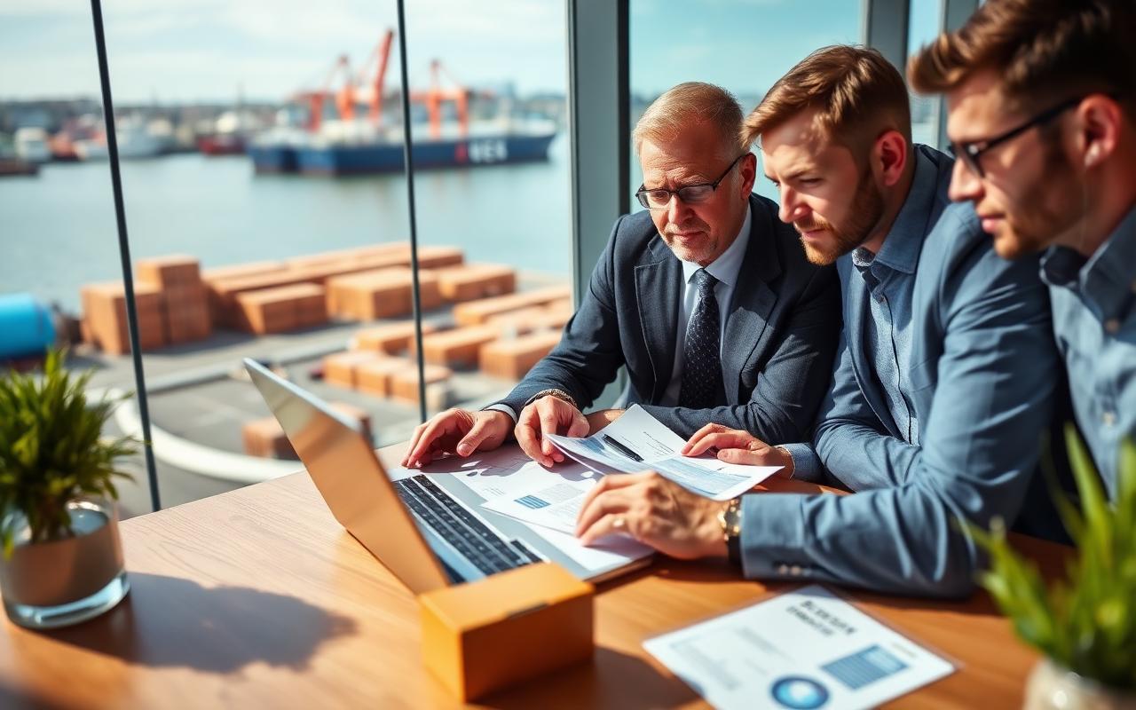Exporters reviewing supplier payments and working capital figures overlooking a port.